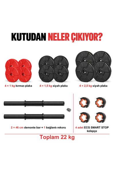 ECG Spor 22 Kg Multifonksiyonel Kırmızı Siyah Halter Seti Ve Dambıl Seti
