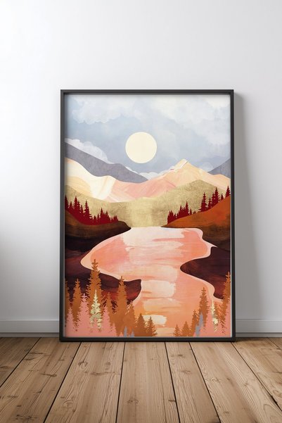 KEYFHOME Munte, Pădure, Lac, Poster de pictură pe MDF cu ramă neagră, Decor d...