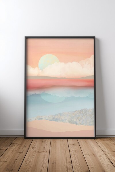 KEYFHOME Poster de pictură MDF cu ramă neagră Mint Moon Beach, cadou pentru d...