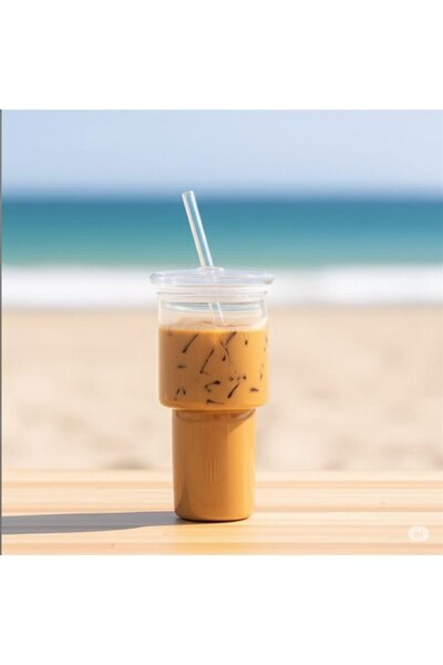 Paçi 450 ml Borosilicate Glass Cup with Bamboo Lid and Glass Straw