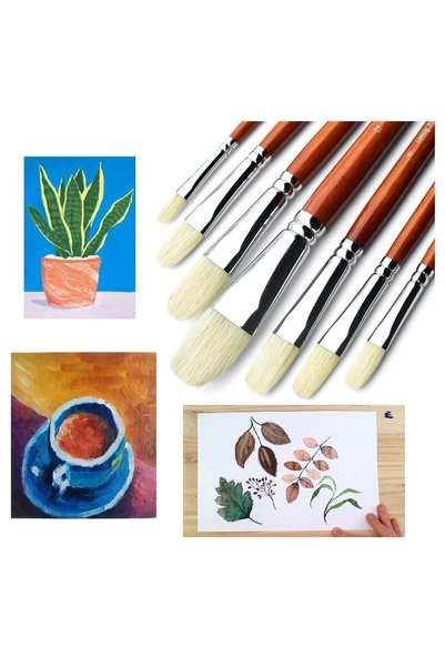 HANNAH Professional Boar Bristle Brown Oil Brush Set, 7 Piece Long Handle Nat...