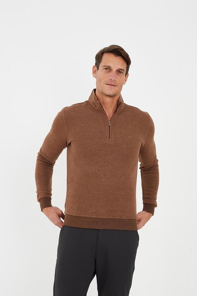 Maccali Ανδρικό μπλουζάκι με μισό φερμουάρ Fisherman Basic μακρύ καφέ
