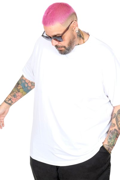 ModeXL Mode XL Büyük Beden Likralı T-shirt Bisiklet Yaka 20149 Beyaz