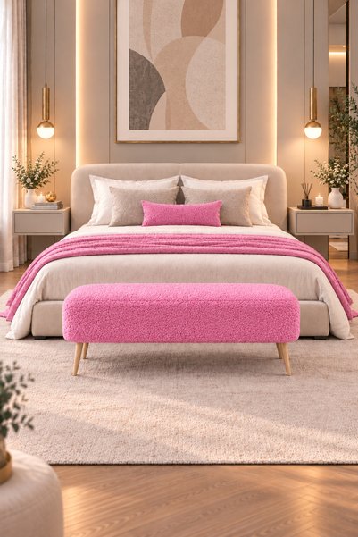 DEKOZUM LONDON Teddy Kumaş Puf Bench Ahşap Ayaklı Modern Oturma Bankı, Yatak ...