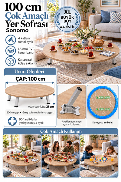 Alesta Life 100 Cm Çap - Ahşap Kaplama Katlanabilir Yer Sofrası - Oyun Masası...
