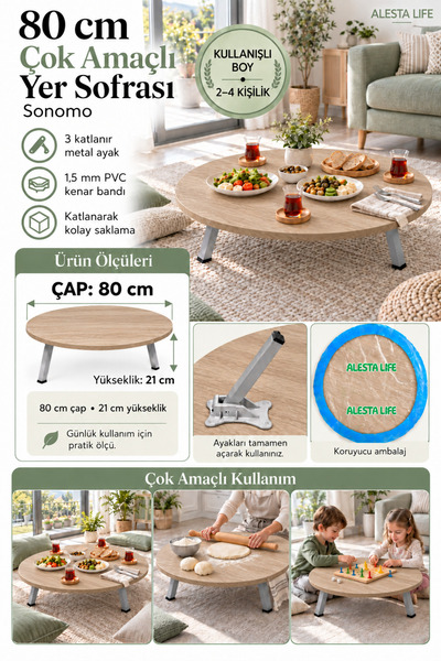 Alesta Life 80 Cm Çap - Ahşap Kaplama Katlanabilir Yer Sofrası Hamur Açma Tah...