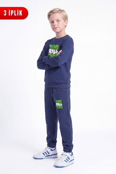 panios kids 3 Thread Printed Boys' Double Pocket Crew Neck Sweatshirt Set