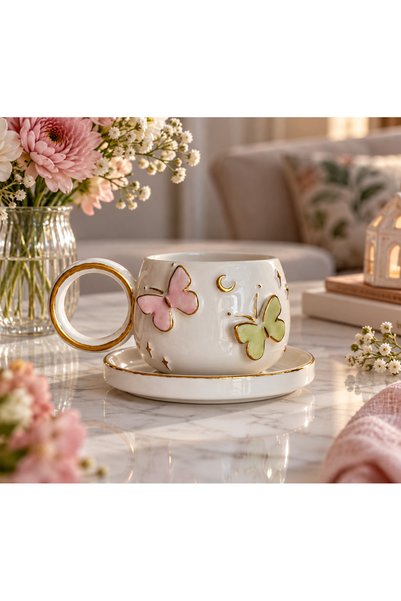 KOTYORA Double Butterfly Gift Ceramic Handmade Double Coffee Cup