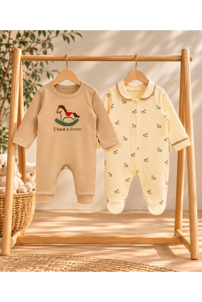 ENİA BABY Erkek Bebek 2'li Tulum Seti %100 Pamuk Sallanan At Nakışlı ve Yakal...