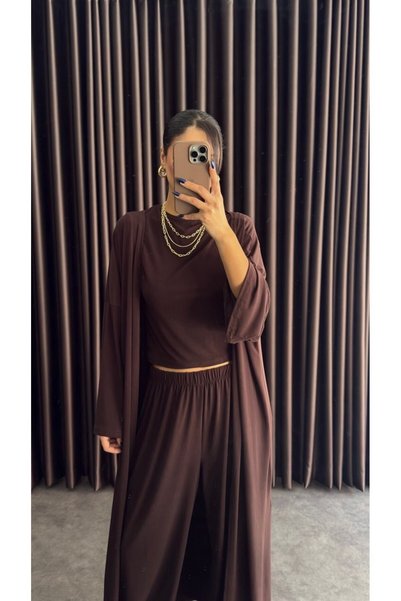 PARLAFASHION Ekstra Likralı 3’lü Hırkalı Bol Paça Takım Siyah