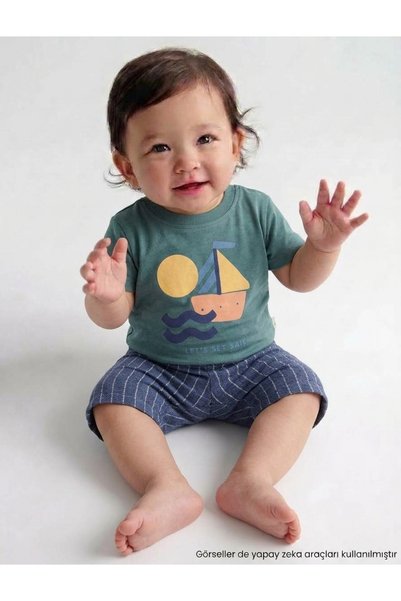 BOBİŞKO BABY Baby Boy Summer 2-Piece Set Printed T-Shirt and Patterned Shorts...