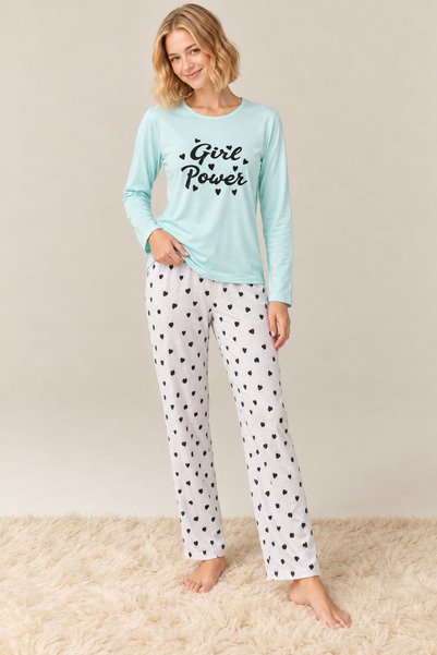 rindahomewear Kadın Gırl Power Baskılı Süprem Uzun Kol Pijama Takımı