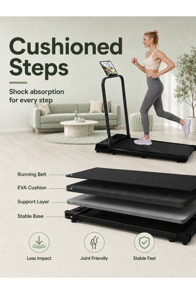 Rovyfota Compact Black Home Treadmill with Handle Bar, 8% Incline Walking Pad for Home & Office, 2 HP Peak Motor, LED Screen, Tablet Holder, Shock Absorption Running Machine for Daily Fitness