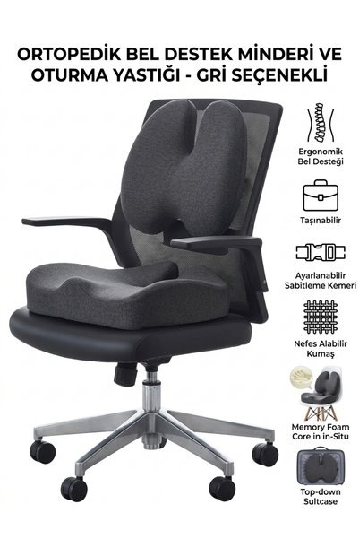 ORTOVİTA New Generation Visco Orthopedic Ergonomic Office, Car, Home Work Chair Cushion Set of 2 (Back Cushion and Sitting Cushion) Gray