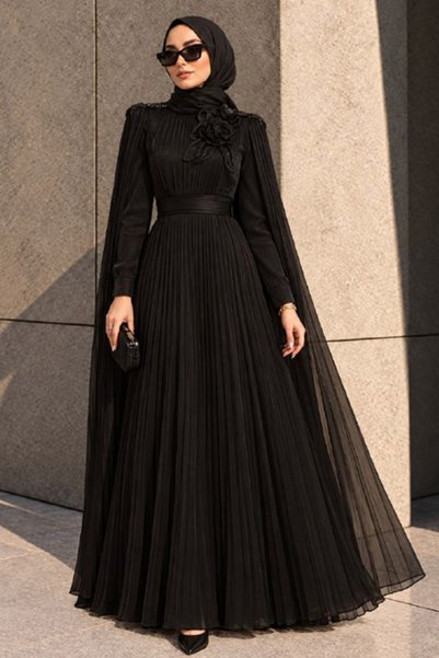 N.S NEVA STYLE Black Hijab Evening Dress with Cape Detail 54331S