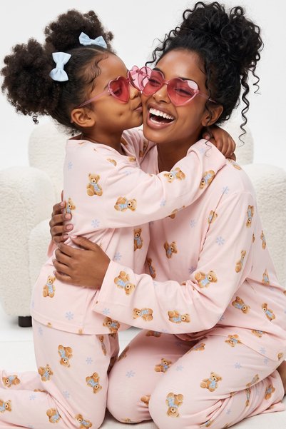 Siyah İnci Pink Patterned Thermal Fabric Ultra Soft Knitted Pajama Set