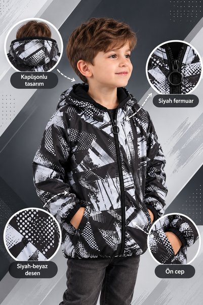 bebegen Boy's Black Mixed Patterned Fleece Raincoat