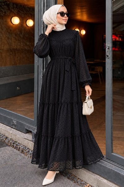 N.S NEVA STYLE Kuşaklı Dantel Siyah Tesettür Abiye Elbise 15335S