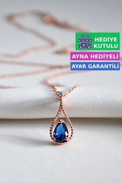 Jewelmim Gümüş Damla Kolye | Rose Altın Kaplama Mavi Renkli Taşlı 925 Ayar Ka...