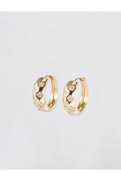 Jimmy Key Gold Color Star Motif Stone Detailed Curved Hoop Earrings