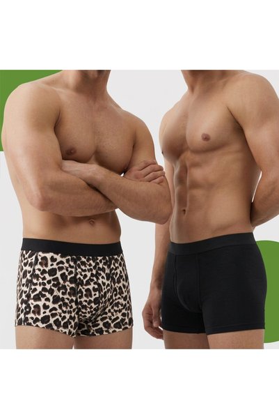 BONBON Men's 2'Li Package Cotton Leopard and Black Color Boxer Bb2824