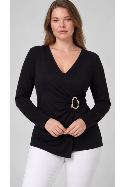 EtkiModa Bluză neagră decolteu petrecut în V pentru femei, cu detalii accesorii