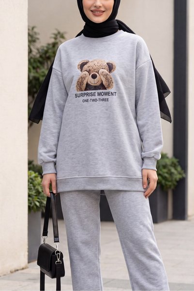 Modamorfo Teddy Bear Printed 3 Thread Sweat Set - Light Gray