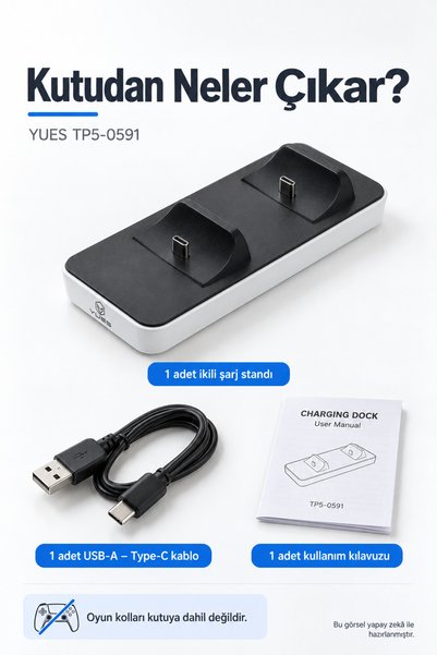 YUES TP5-0591 PS5 DualSense Uyumlu İkili Oyun Kolu Şarj İstasyonu Type-C Şarj Standı