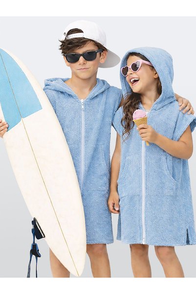 Denokids Mavi Kapüşonlu Unisex Bornoz
