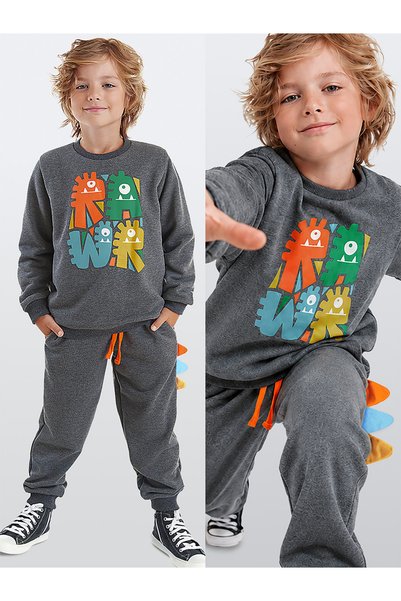 Denokids Zimowy antracytowy komplet dresowy dla chłopców Rawr Tırtırlı
