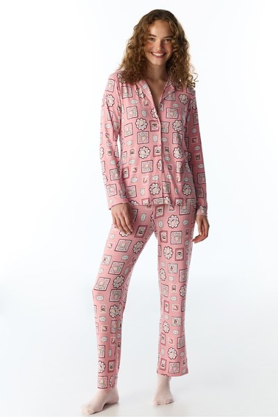 Penti Pembe Postcard Fitilli Uzun Kollu Gömlek Pantolon Pijama Takımı