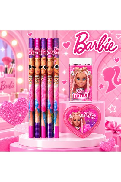 Barbie Extra Lisanslı 7 Parça Okul Kırtasiye Seti Pembe Kurşun Kalem Silgi Ka...