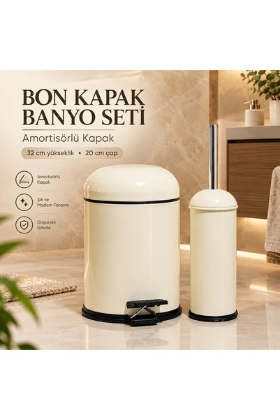 GörSeç Metal Bon Kapak Banyo Seti Amörtisörlü 5 LT Krem Çöp Kovası Tuvalet Fı...