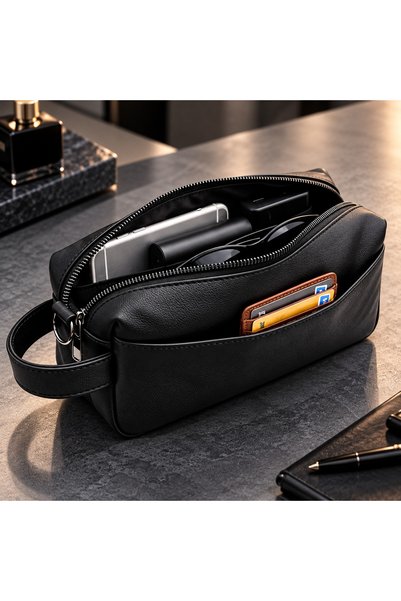 JR Boutique Men's Clutch Bag 3-Compartment Faux Leather Day Portfolio Bag - Black Hand Organizer