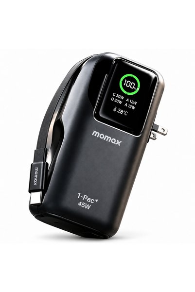 Momax 45W 3'ü 1 Arada 10.000 mAh GaN Powerbank ve Şarj Adaptörü, Geri Çekilebilir USB-C Kablolu