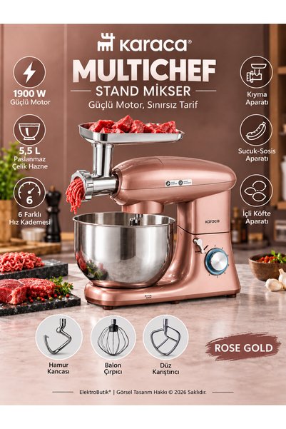 Karaca Multichef Stand Mikser Rosegold Mutfak Şefi 1900w 5,5l Kıyma Çekme Suc...