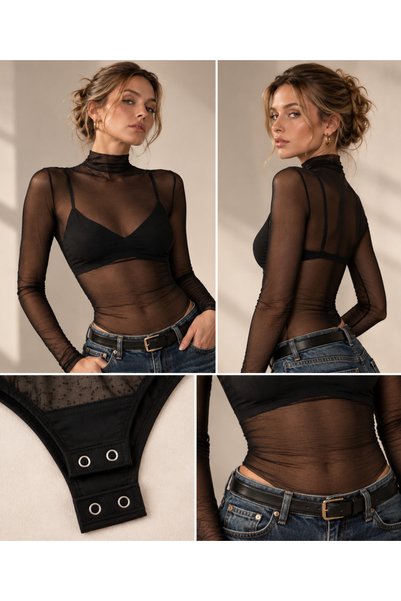 BALENTE Kadın Siyah Yarı Dik Yaka Tül Body / Likralı Tül Bluz