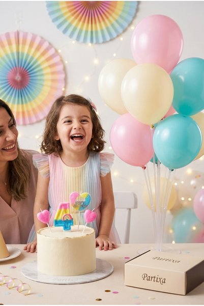 Partixa Rainbow Themed Number Candle and Balloon Stand Set - Birthday Party Decoration Package (0-9 Years Old)