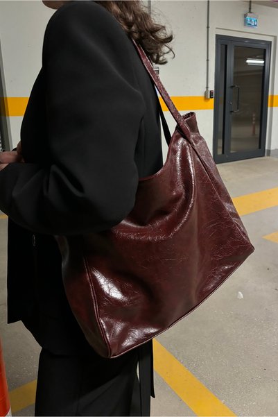 Yuka Atelier Nou Shine Eskitmeli Çift Saplı Bordo Büyük Boy Kadın Shopper Çanta