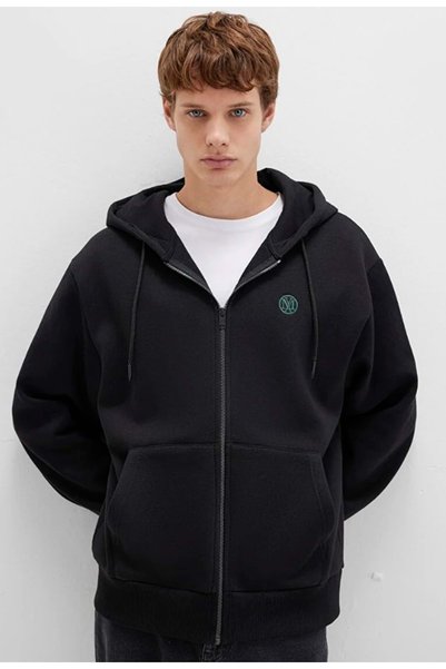 Mavi M066979 Mühür Logo Nakışlı Ceket Kapüşonlu Fermuarlı Erkek Sweatshirt SİYAH