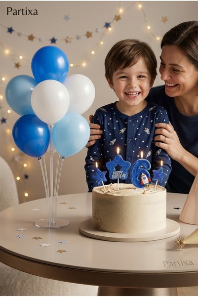 Partixa Space Themed Rocket Detailed 4-Piece Blue Glitter Number Candle & Balloon Stand Set - Birthday Decorations
