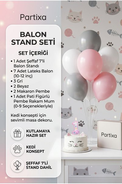 Partixa Cat-Themed Number Candle and Balloon Stand Set with Paw Figures - Birthday Party Decorations (Ages 0-9)