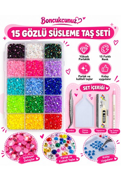 boncukcunuz 15’li Bedazzle Taş Süsleme Seti E7000 50 ml Yapıştırıcı ve Taş Tu...