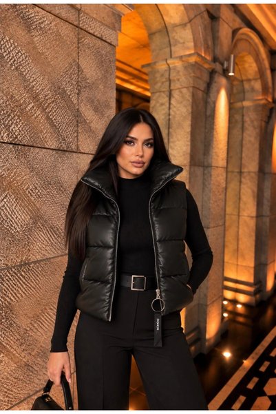 Elora Atelier DİK YAKA FERMUARLI MAT DERİ ŞİŞME YELEK