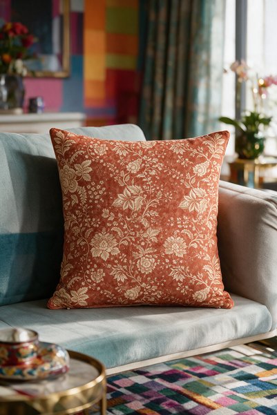 LadiesHome Terracotta Floral Pattern Pillow Cover, 43X43 Cm, Double-Sided Suede.