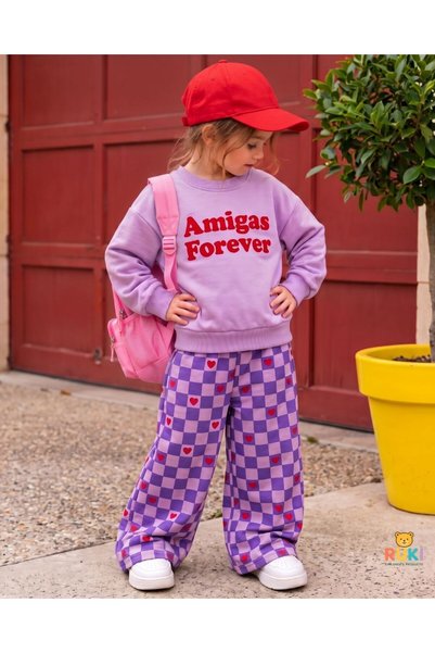 Ruki Çocuk Kız Çocuk Renkli Kalpli Sweatshirt ve Baggy Model Balon Tarzda Pan...
