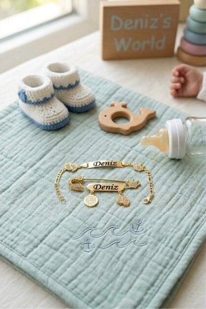 Sahi Aksesuar White Crystal Stone Unisex Baby Collar Pin and Bracelet Set 56