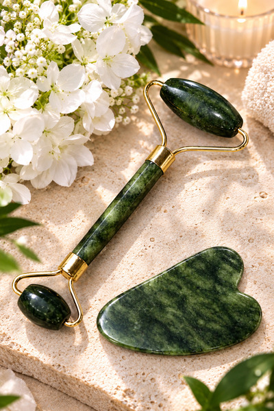 BAAGU Yeşim Taşı Gua Sha & Jade Roller Yüz Masaj Seti