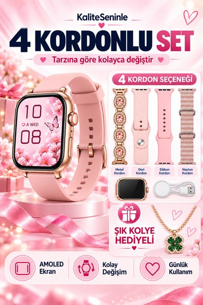 KALİTESENİNLE Watch 10 Mini Premium Set Amoled Akıllı Saat Kadın Kol Saati 4 Kordonlu Bileklik Hediyeli