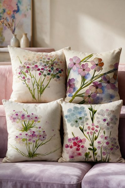 LadiesHome Pastel Watercolor Floral Patterned Set of 4 Decorative Throw Pillo...